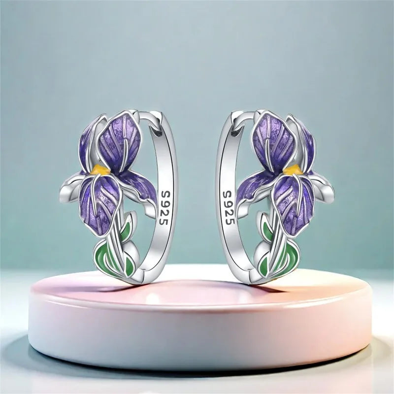 Purple Iris Hoop Earrings